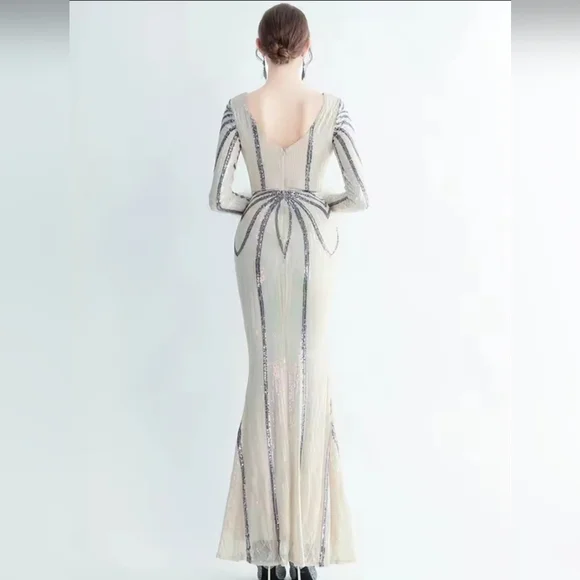 Gray and Cream Backless Embellished Gown with Bishop Sleeves - Picture 3 of 14